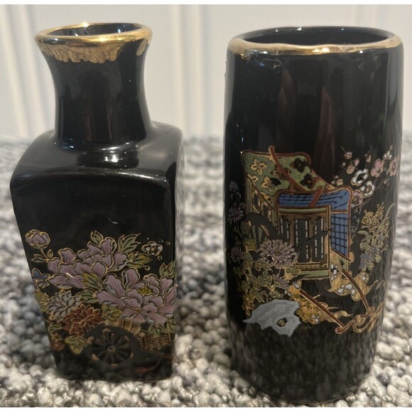 Other - Set of 2 VTG Asian Black with Floral with Gold Trim Mini Vases Bud Vase Japan